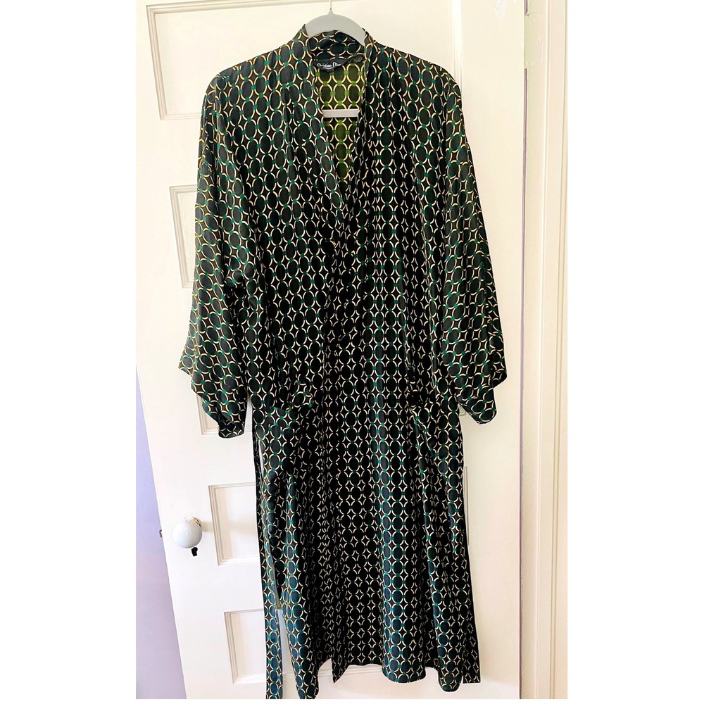 Christian Dior Monsieur 100% Silk Robe One Size Black Gold Green Belted Luxury